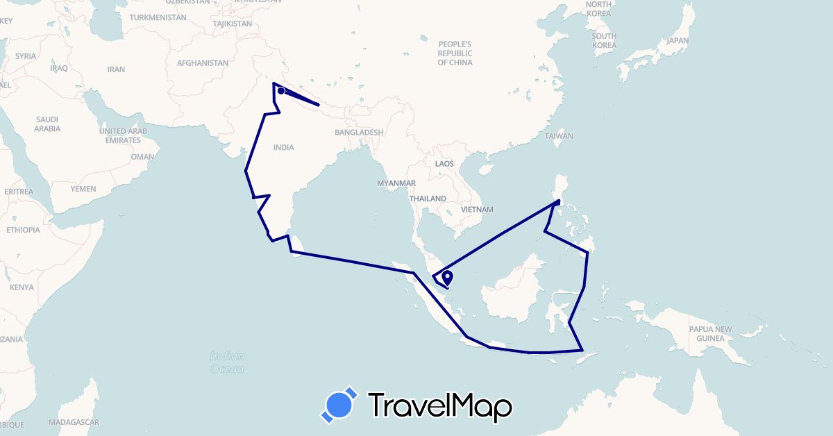 TravelMap itinerary: driving in Indonesia, India, Sri Lanka, Malaysia, Nepal, Philippines, Singapore (Asia)